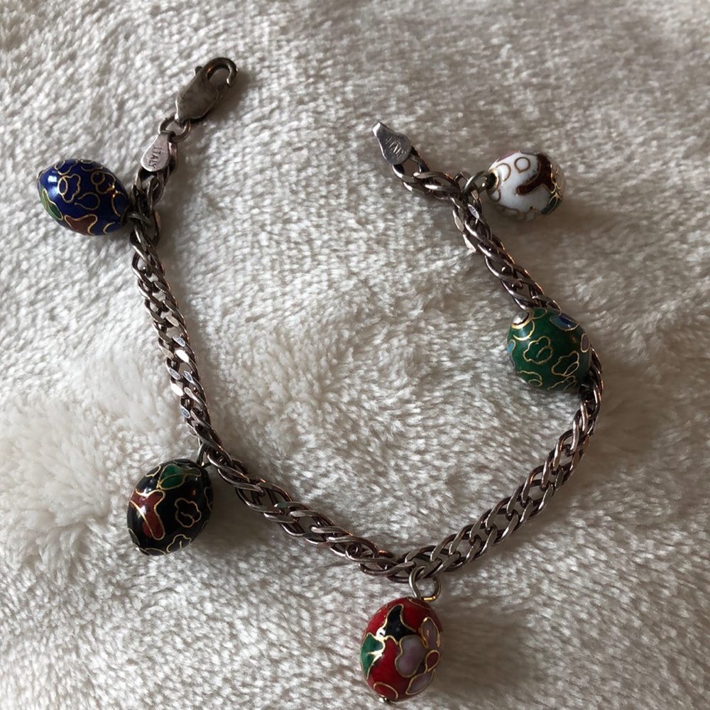Vintage Italian Enameled Cloisonné Charm Bracelet On 925 Sterling Silver Chain